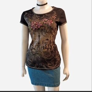 Y2K Blue Canyon Women's Sz L Short Sleeve Multicolored Paris Top W/ Rhinestones